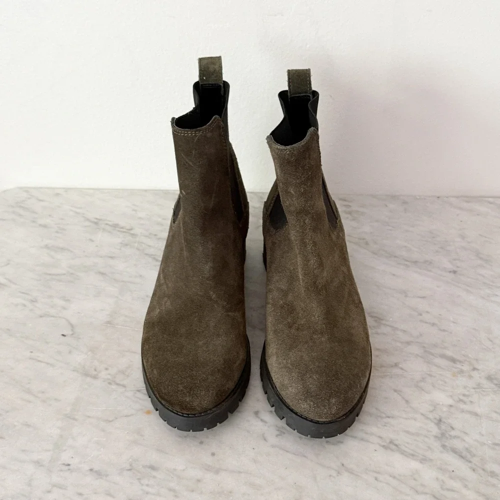 Suede Chelsea Boots Lug Sole Ankle 7 Olive Green Pull On Block Heel
